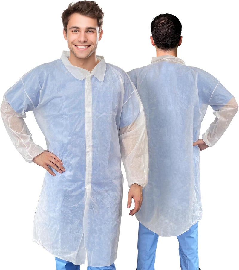AMZ Medical Supply White Disposable Lab Coat, Large. 10 Pack 35 GSM Polypropylene Fabric Protective Coat. Knee-Length Disposable Lab Coats for Adults with Elastic Wrist, Loop Fasteners, No Pockets - Image 1